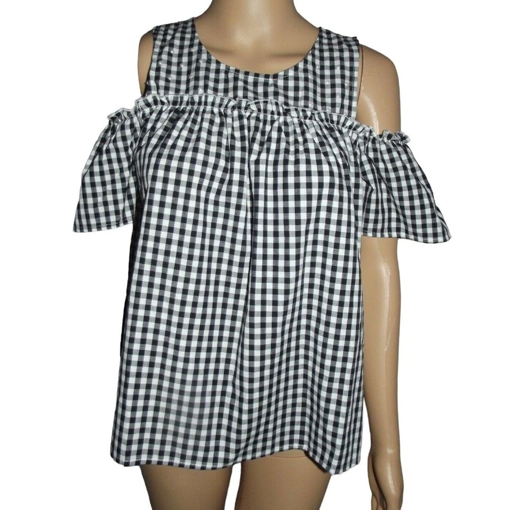 No Comment Small Black & White Gingham Cold Shoulder Top shirt blouse a-line